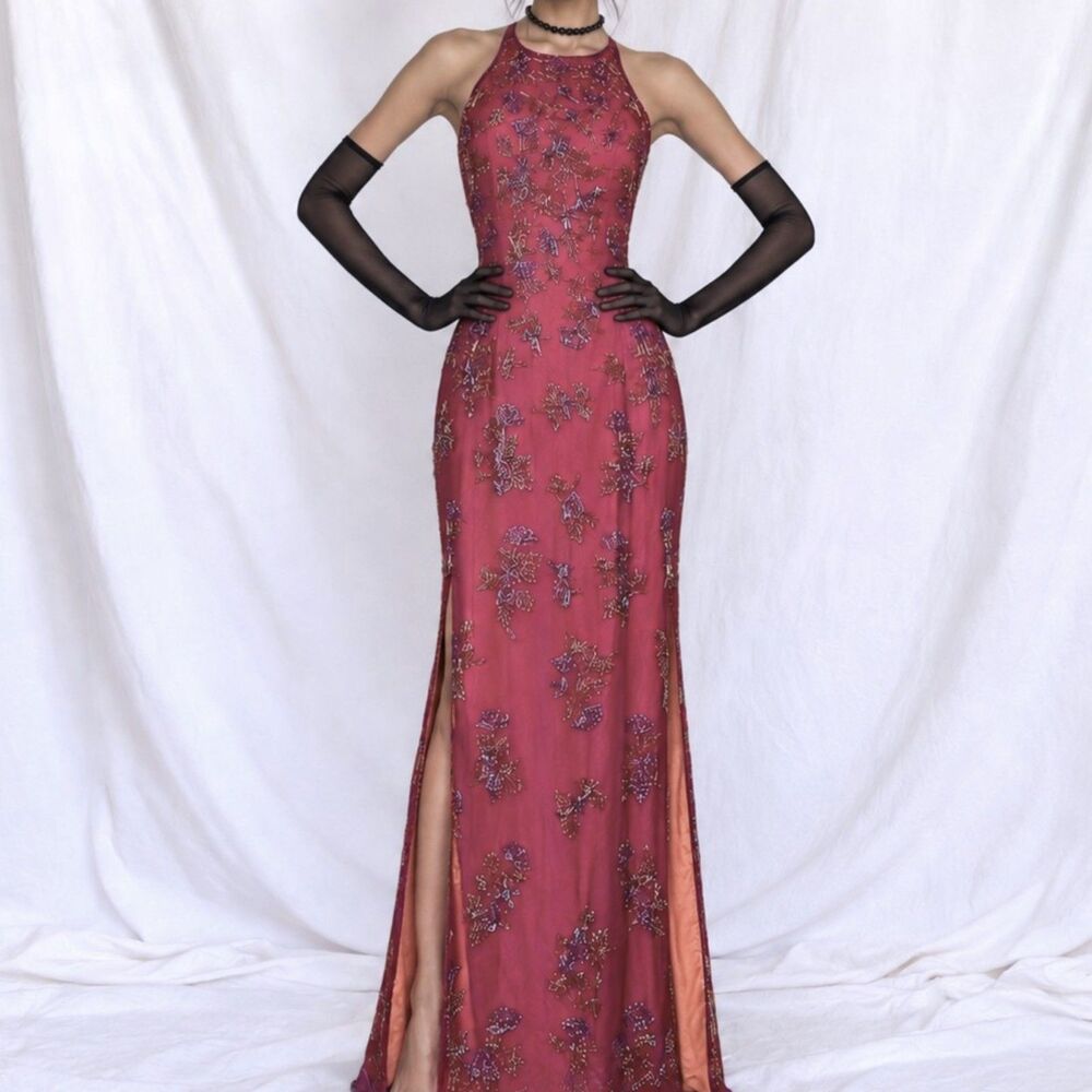 Vintage Y2K Floral Beaded Double Slits Silk Bodycon Maxi Prom Dress Size S/M